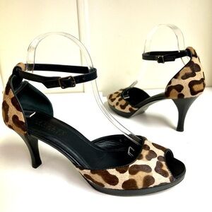 TALBOTS COLLECTION NEW leopard calf hair open toe strappy heels leather size 9M